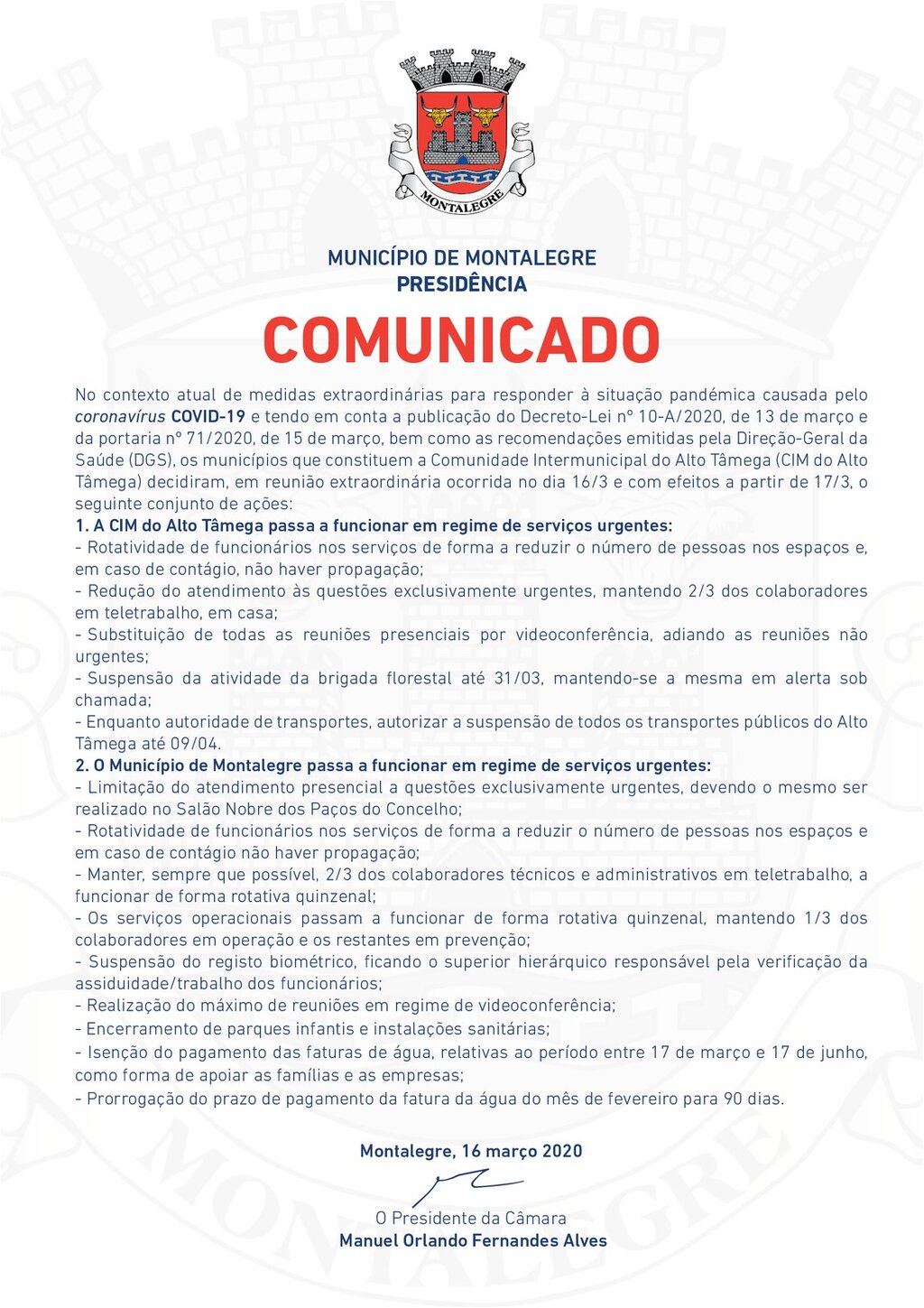 Presidente | Comunicado (16.03.2020)